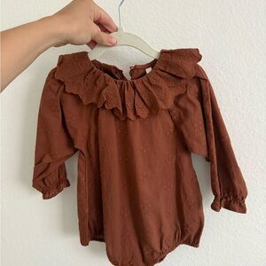 Rylee + Cru Rust Brown Eyelet Romper with Ruffle Trim